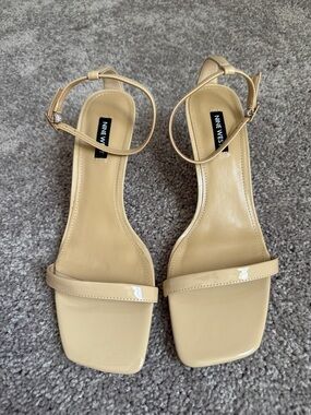 Nine West Beige Patent Square-Toe Ankle-Strap Sandals